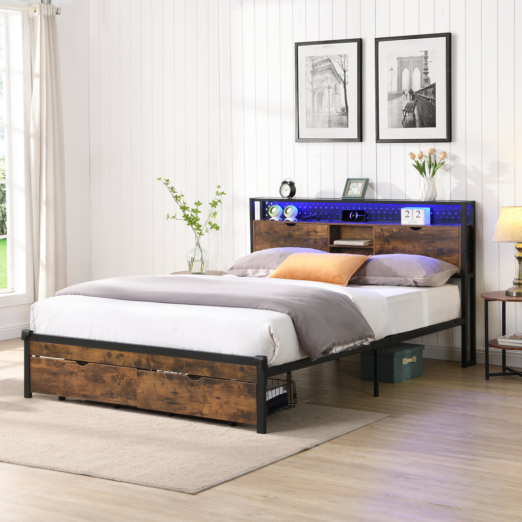 King Size Metal Platform Bed Frame with Wooden Headboard