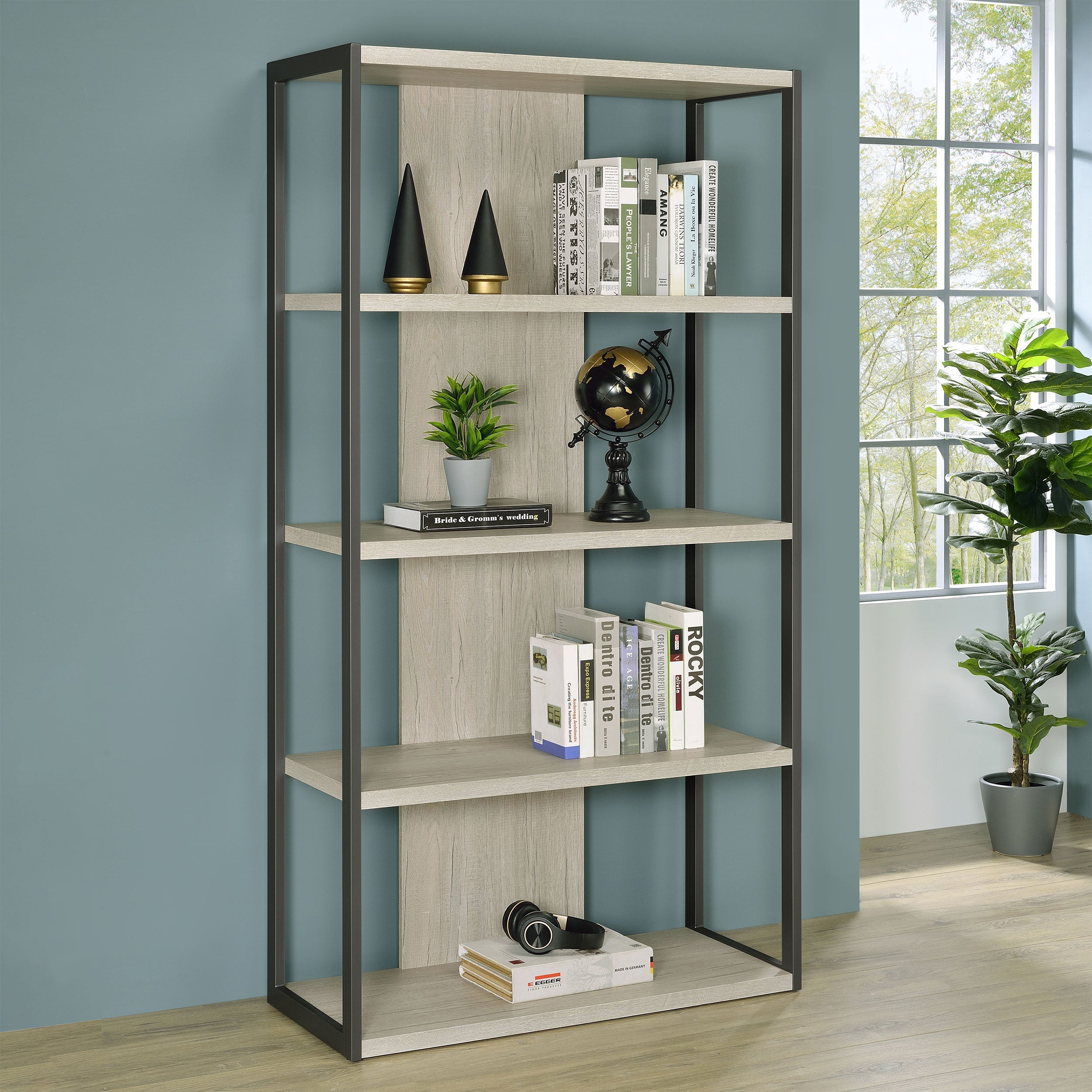 Loomis 72-inch 4-shelf Bookshelf Whitewashed Grey-CoasterEssence
