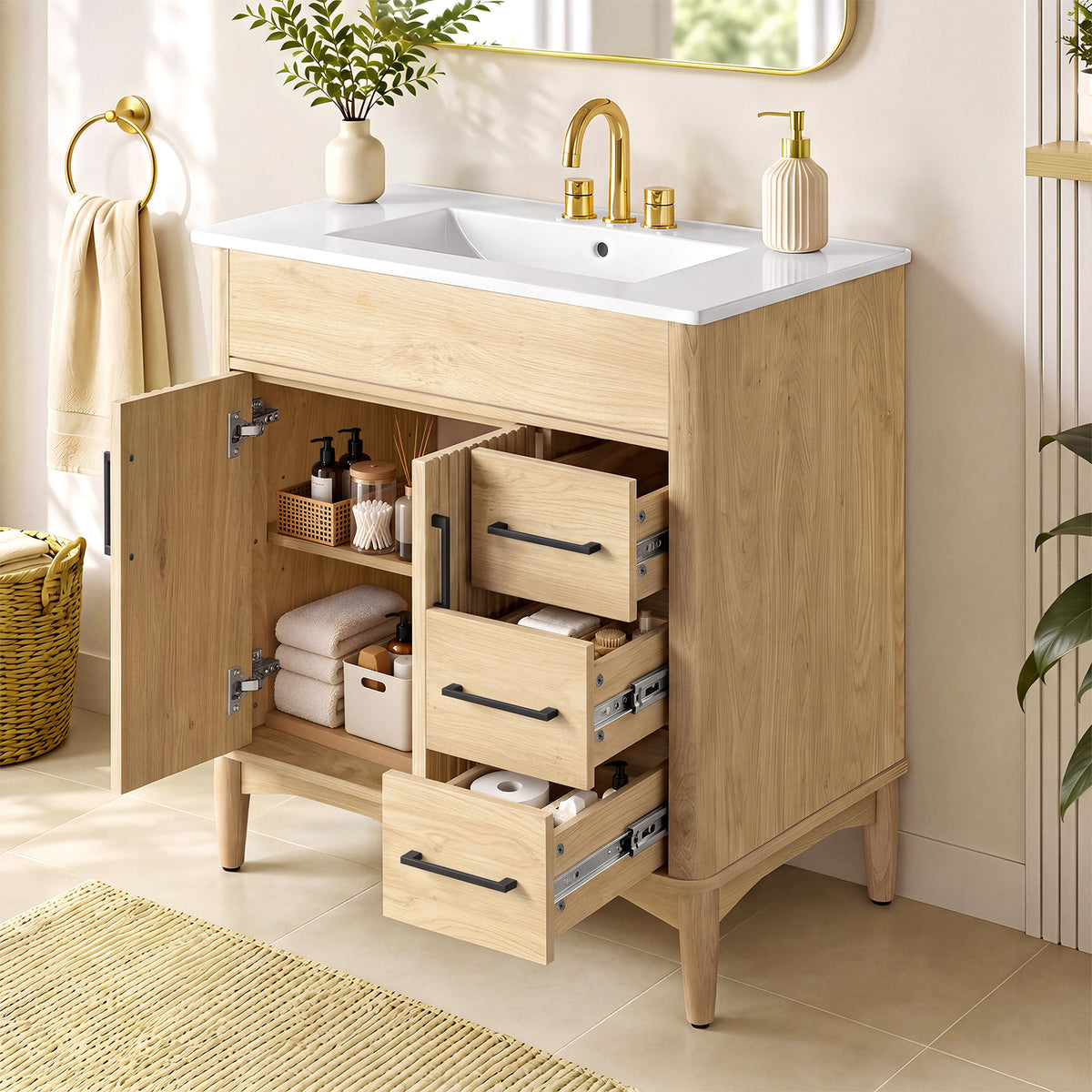 [Viedo]30-Inch Bathroom Vanity with Ceramic Sink, Modern Traditional Freestanding Bathroom Cabinet with 2 Doors & 3 Drawers, Adjustable U-Shaped Shelf, Soft-Close Hinges & Drawer Slides