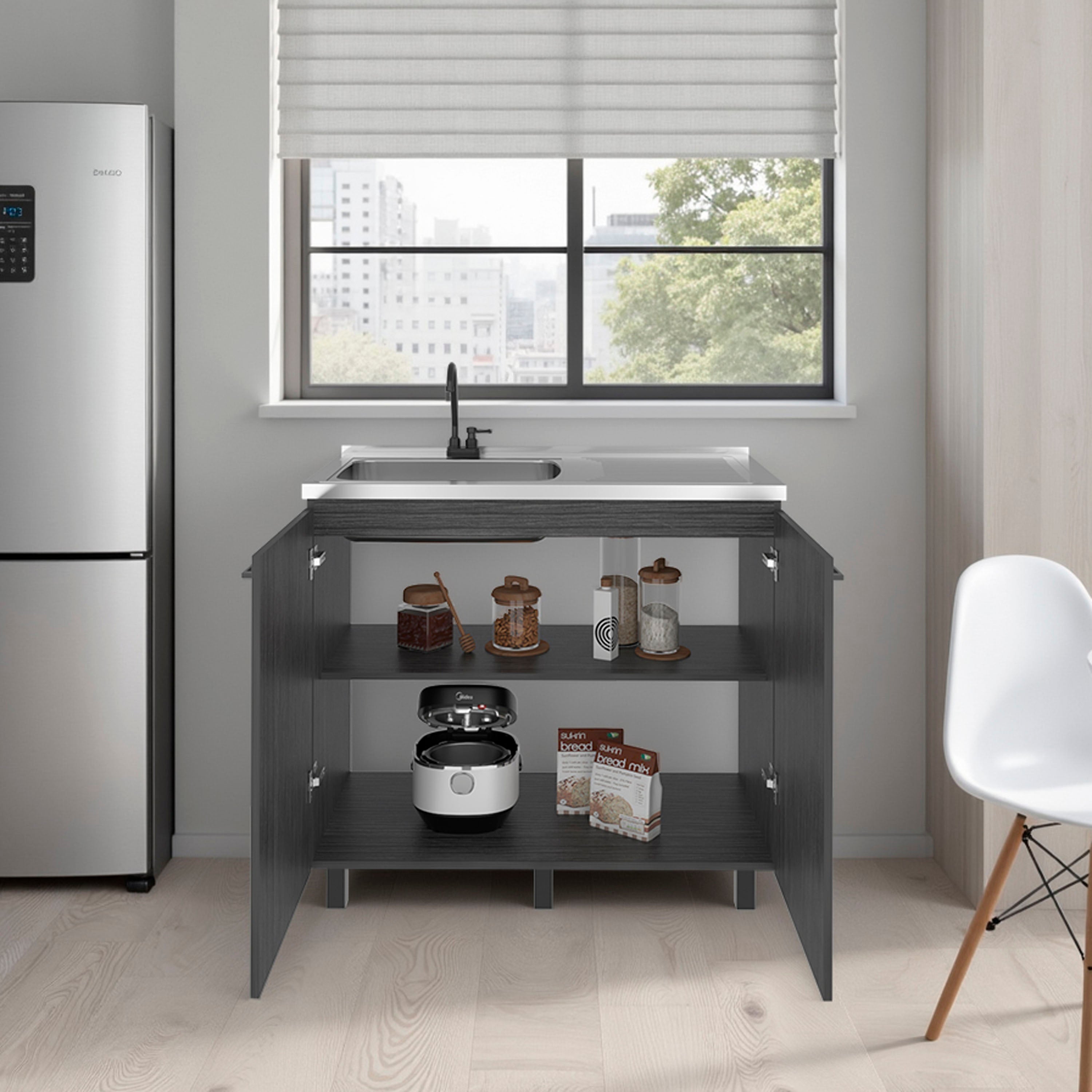 Gold Utility Sink Cabinet with 2 Doors and 3 Shelves, SMOKY