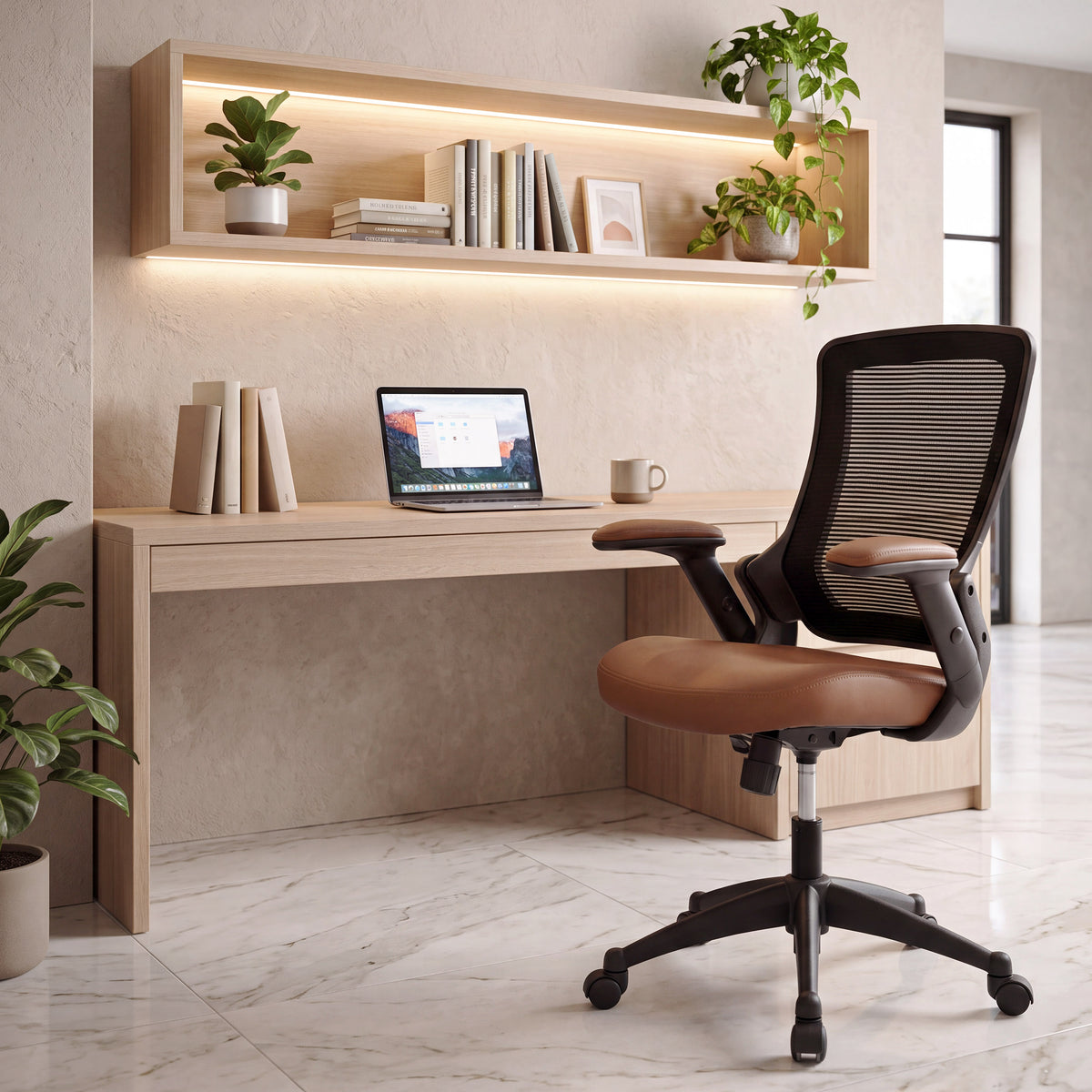 Techni Mobili Mid-Back Mesh Task Office Chair, Brown, Height Adjustable Arms