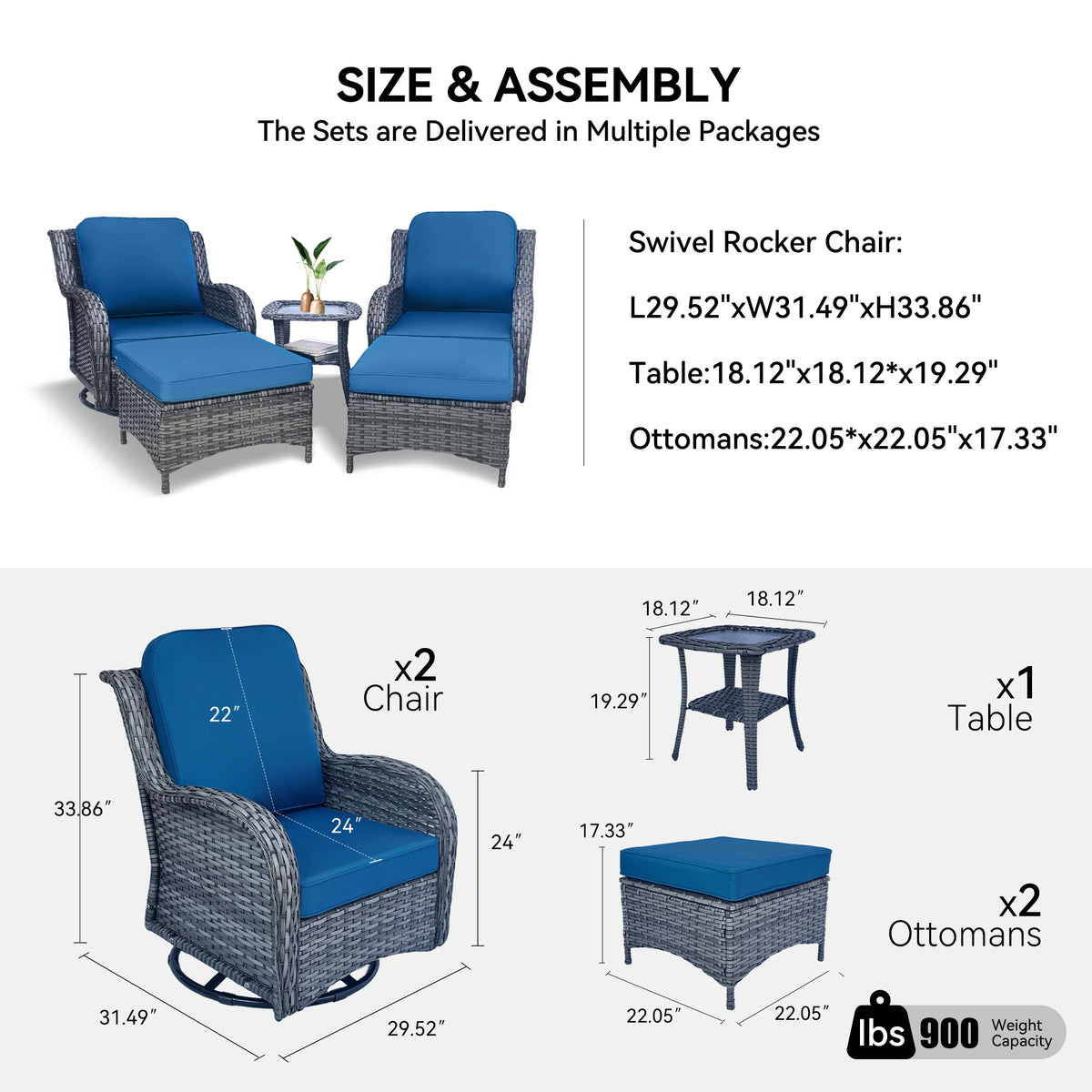 5-Piece Wicker Patio Sectional Set with Swivel Rockers, Ottomans, and Side Table