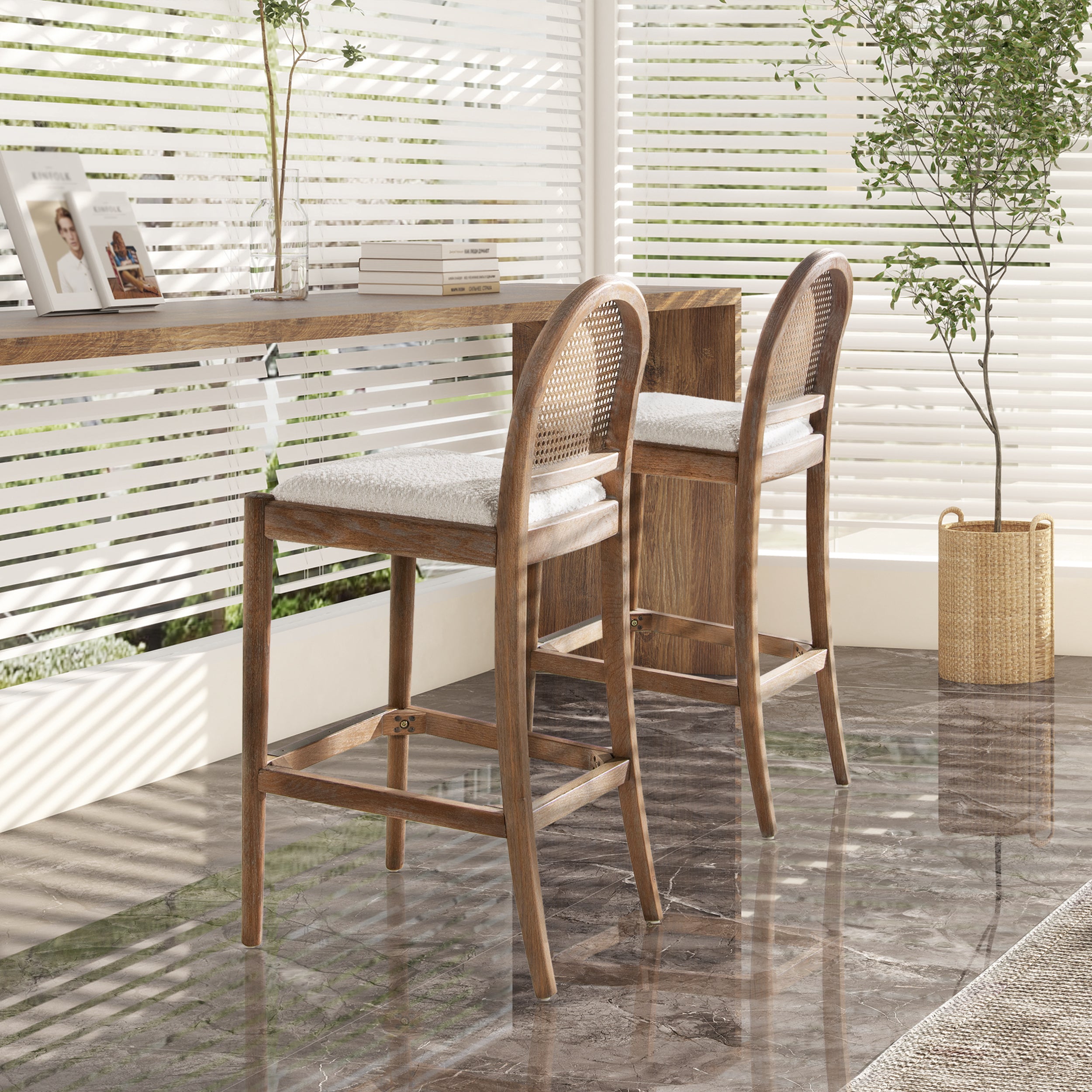 Panama 30.5" Curved Back Cane Rattan Bar Stool, Set of 2
