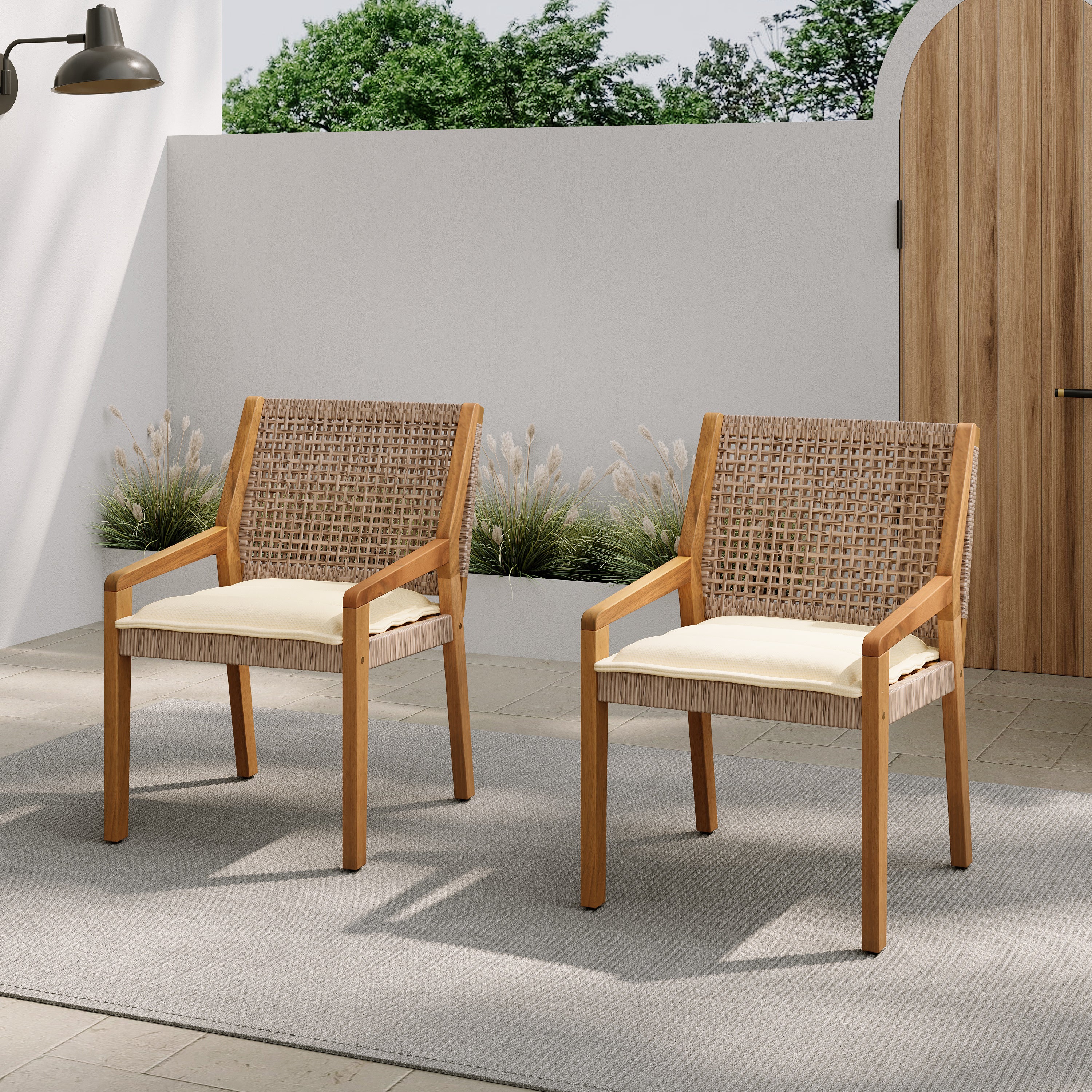 Outdoor Dining Chair Set - Acacia Wood and Wicker