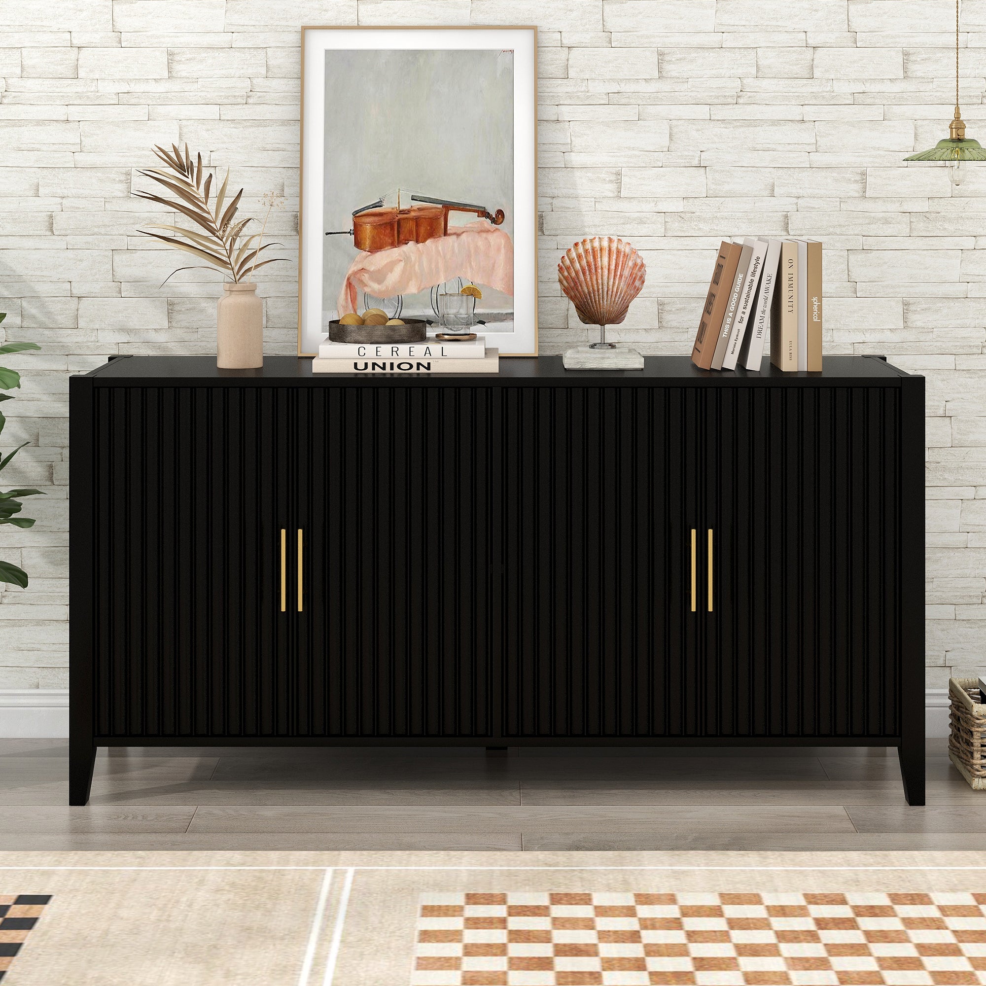 U_Style 61.1'' Modern 4-Vertical Wavy Slatted Doors Sideboard