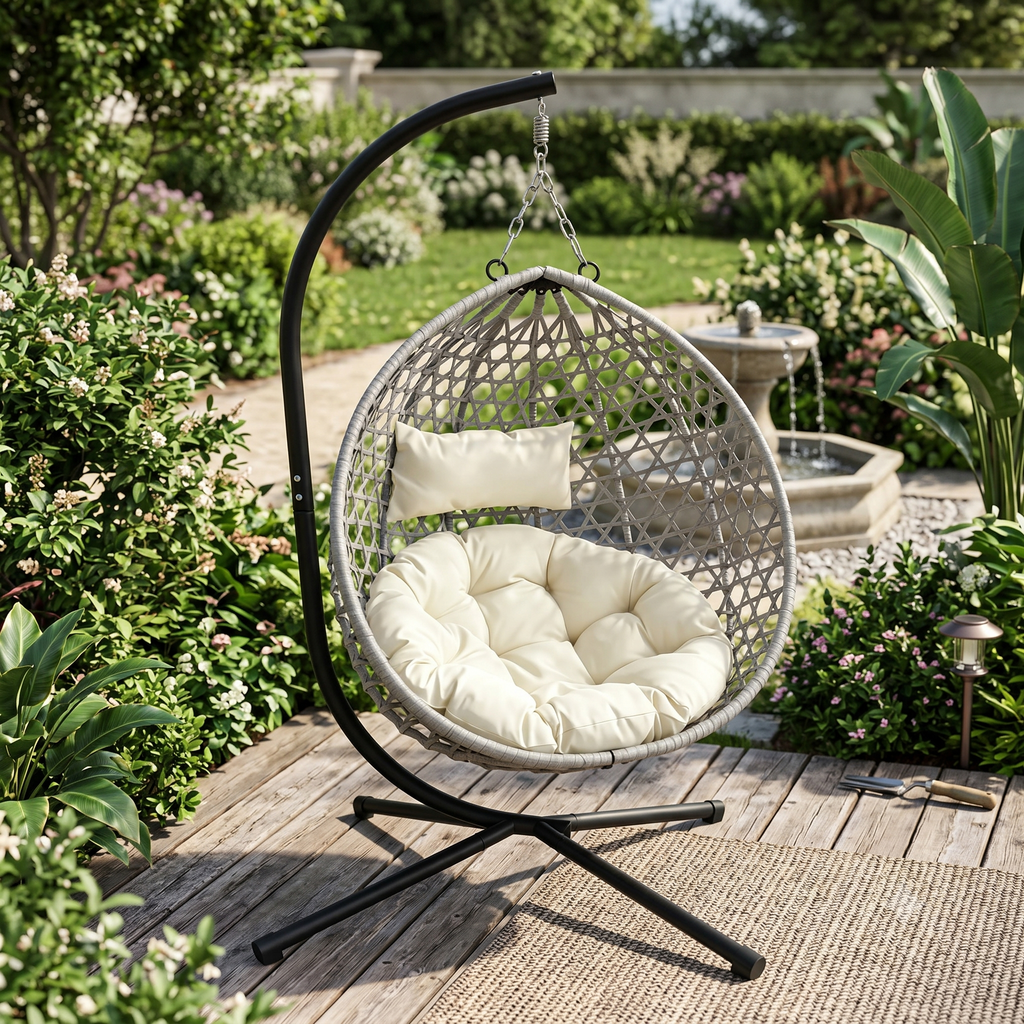 Foldable Hanging Egg Chair with Stand, HDPE Rattan Wicker