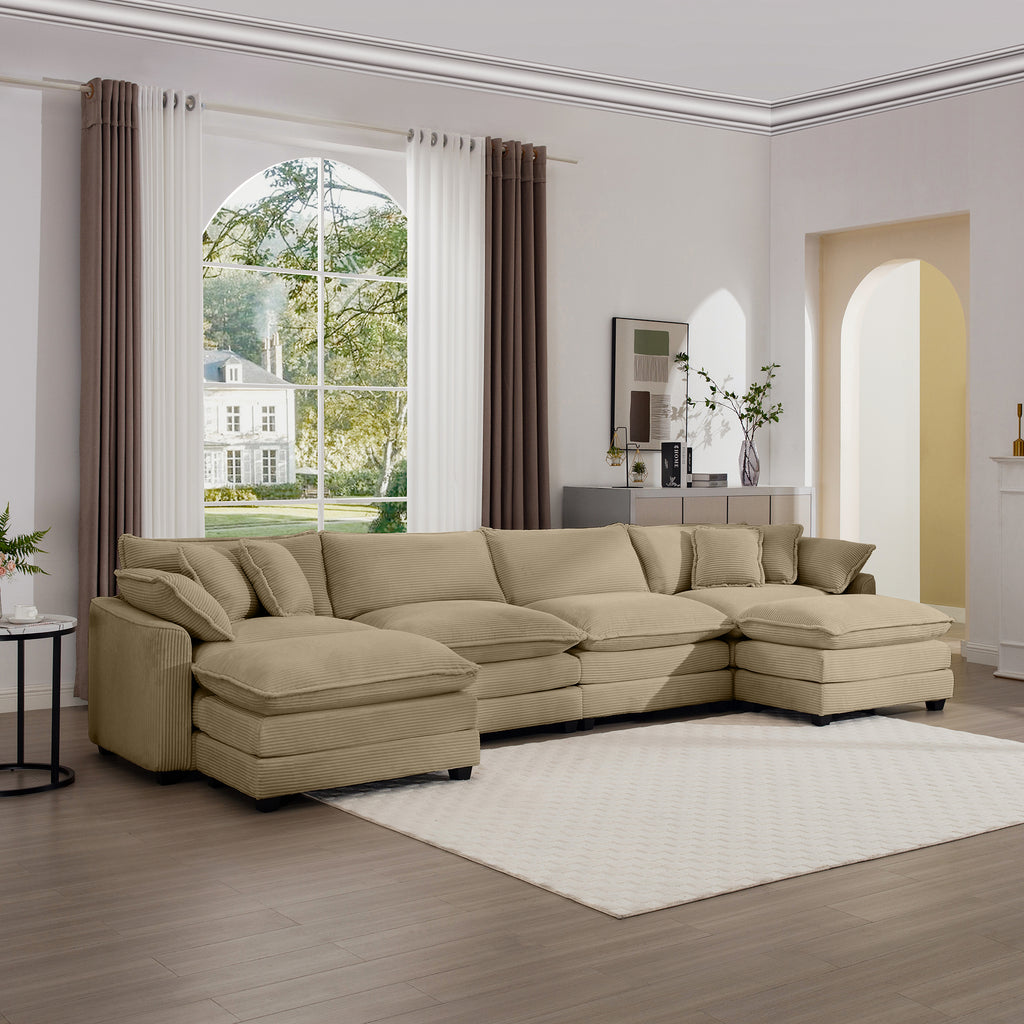 Corduroy Sofa - Modern Upholstered 4 Seater with Footstools