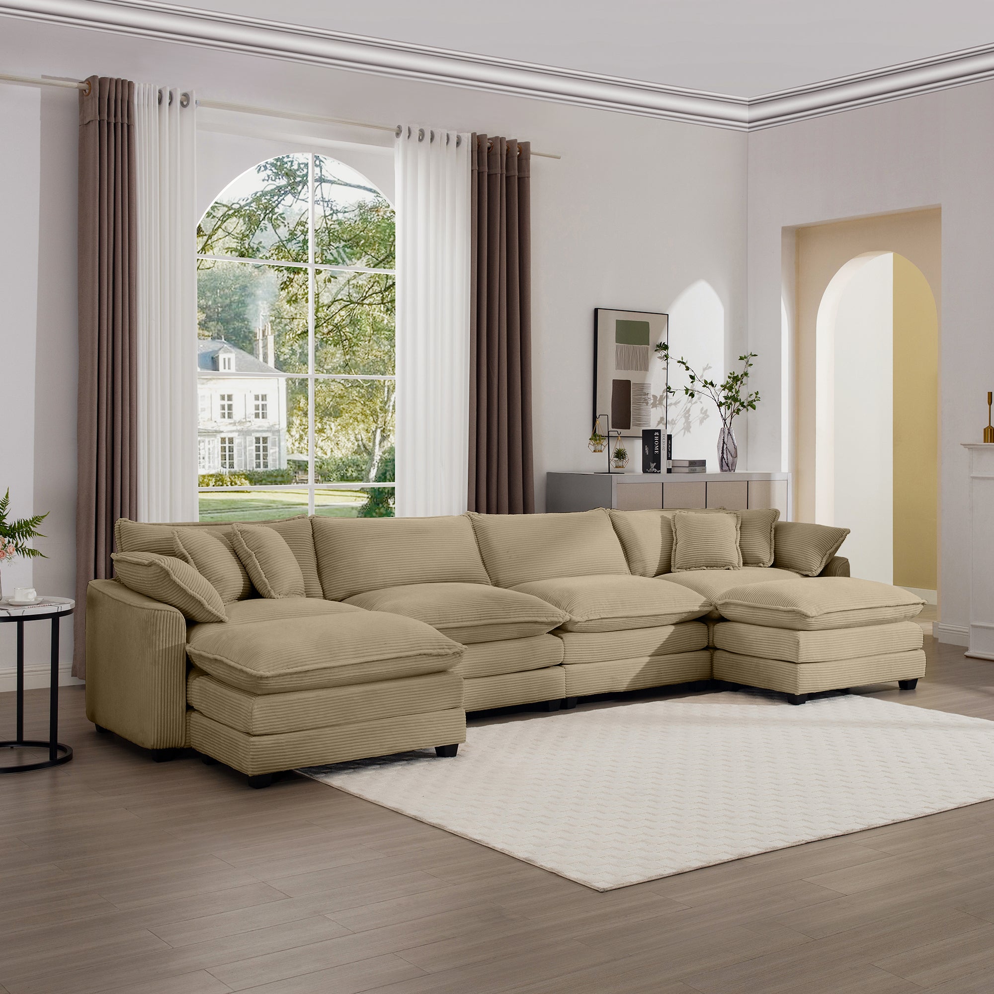 Corduroy Sofa - Modern Upholstered 4 Seater with Footstools