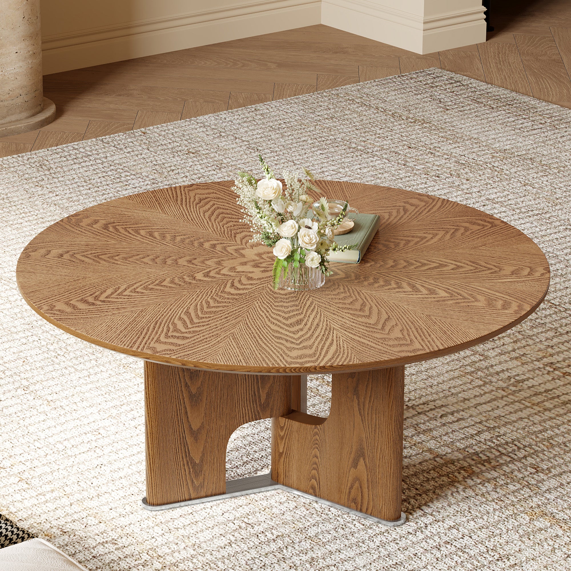31.5 Inches Round Rustic Ash Wood Veneer Coffee Table
