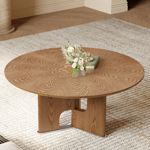 31.5 Inches Round Rustic Ash Wood Veneer Coffee Table