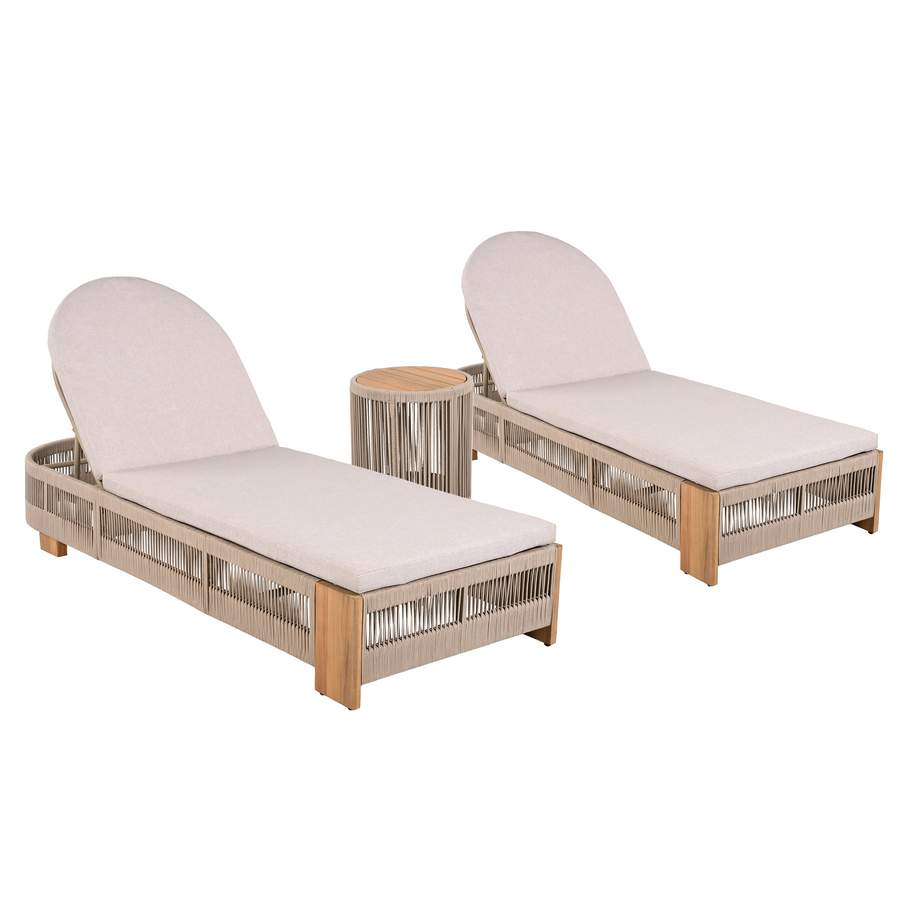 Outdoor Rope Chaise Lounge Set with Teak Look Side Table