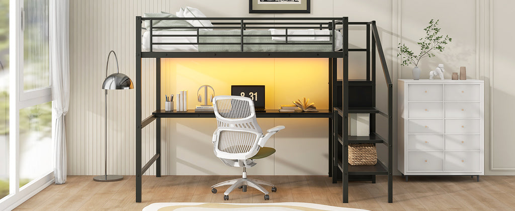 Full Size Metal Loft Bed with Desk, Storage Staircase, Small Wardrobe and LED Light