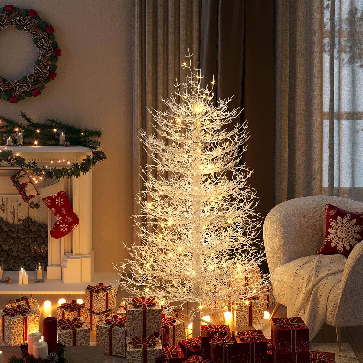 4ft Pre-lit Aspen Fir Artificial Christmas Tree, White, 280 Branch Tips, 230 Warm LED Lights