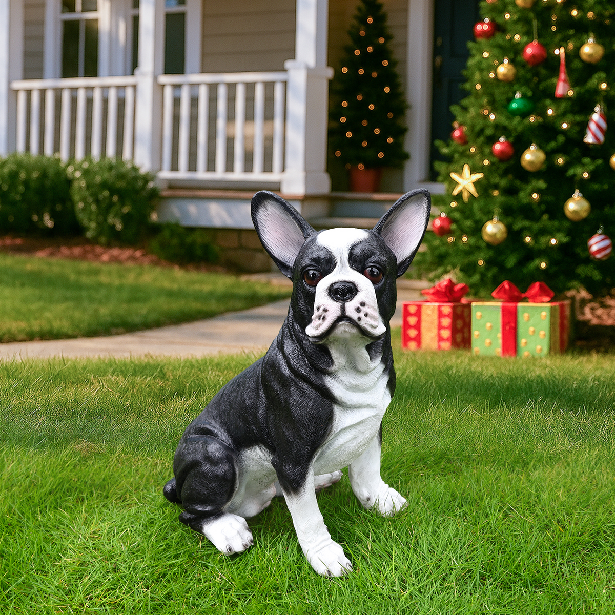 Lifelike French Bulldog Statue, Hand-Painted Resin, 17-Inch, Black and White