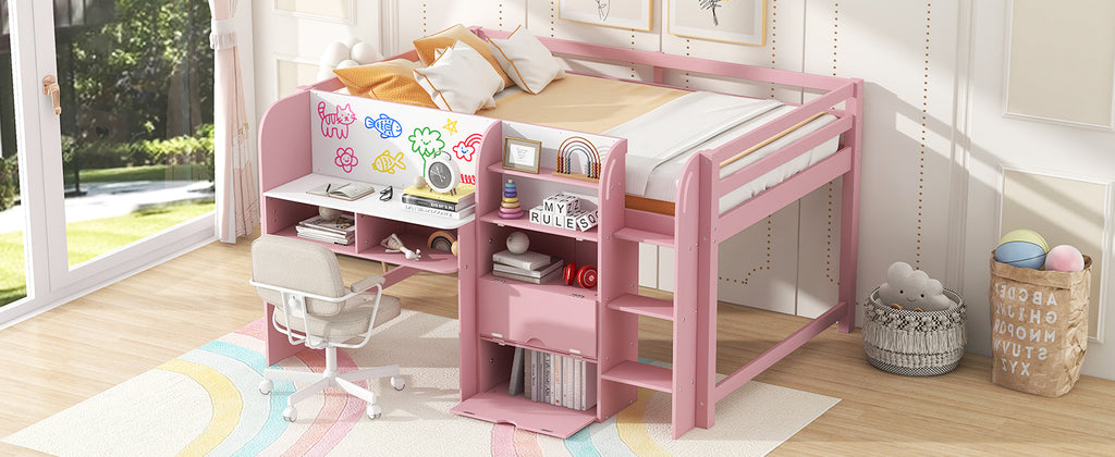Full Size Low Loft Bed with Built-in Desk, Storage Cabinets and Open Bookcase