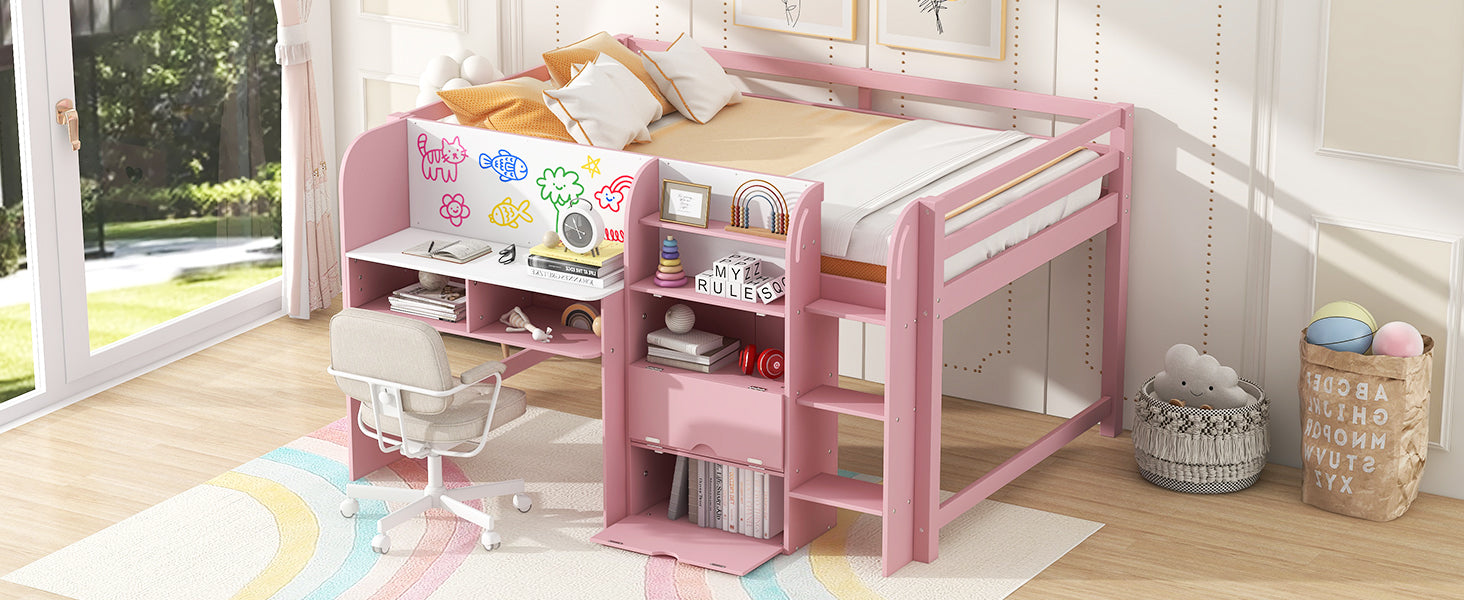 Full Size Low Loft Bed with Built-in Desk, Storage Cabinets and Open Bookcase