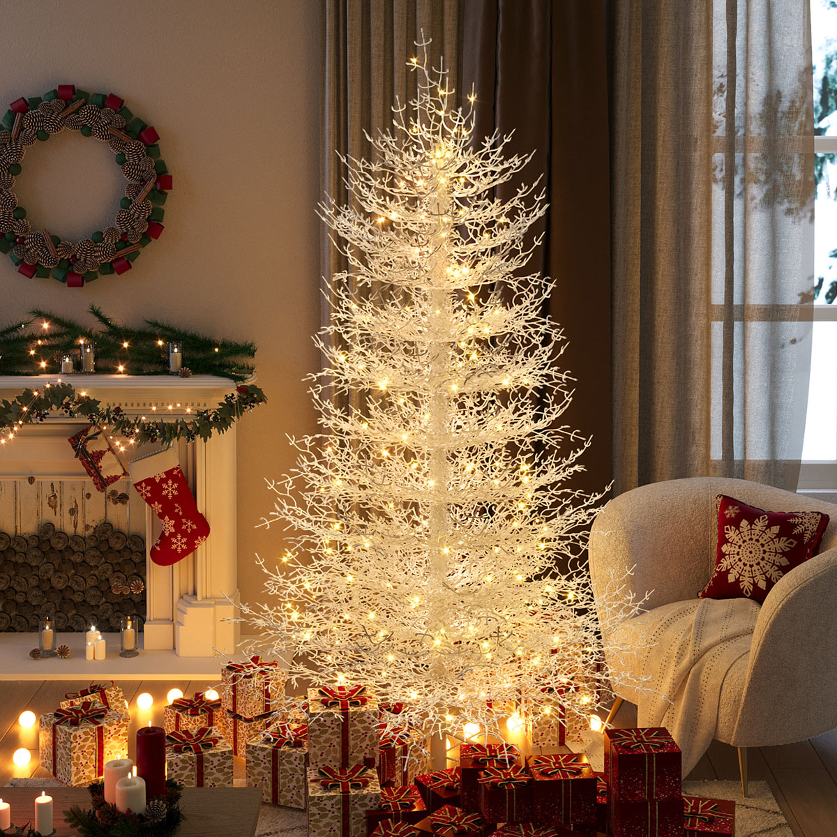 6-Foot Pre-Lit Aspen Fir Artificial Christmas Tree, White, 420 Warm Lights