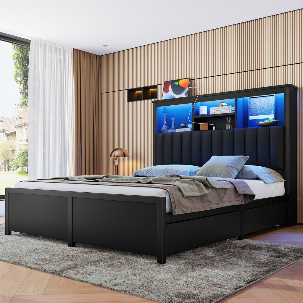 King Bed Frame with High Storage Headboard