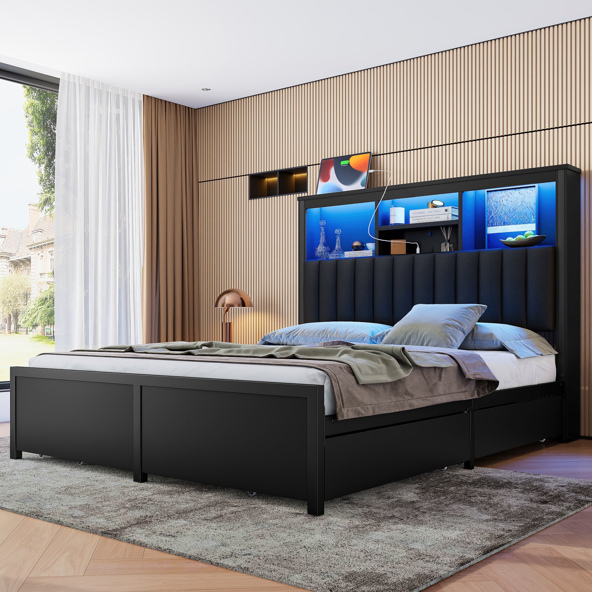 King Bed Frame with High Storage Headboard