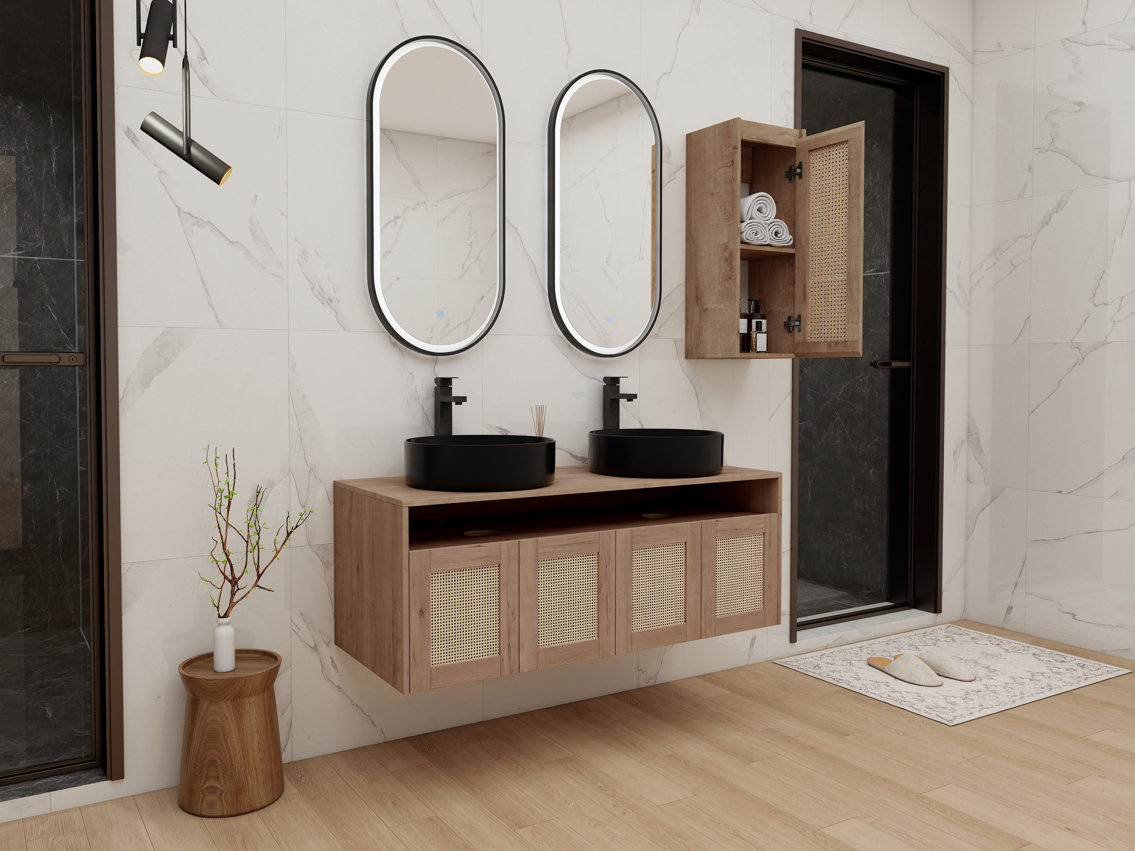 48" Bathroom Vanity with 2-Ceramic Art Sink and Side Cabinet