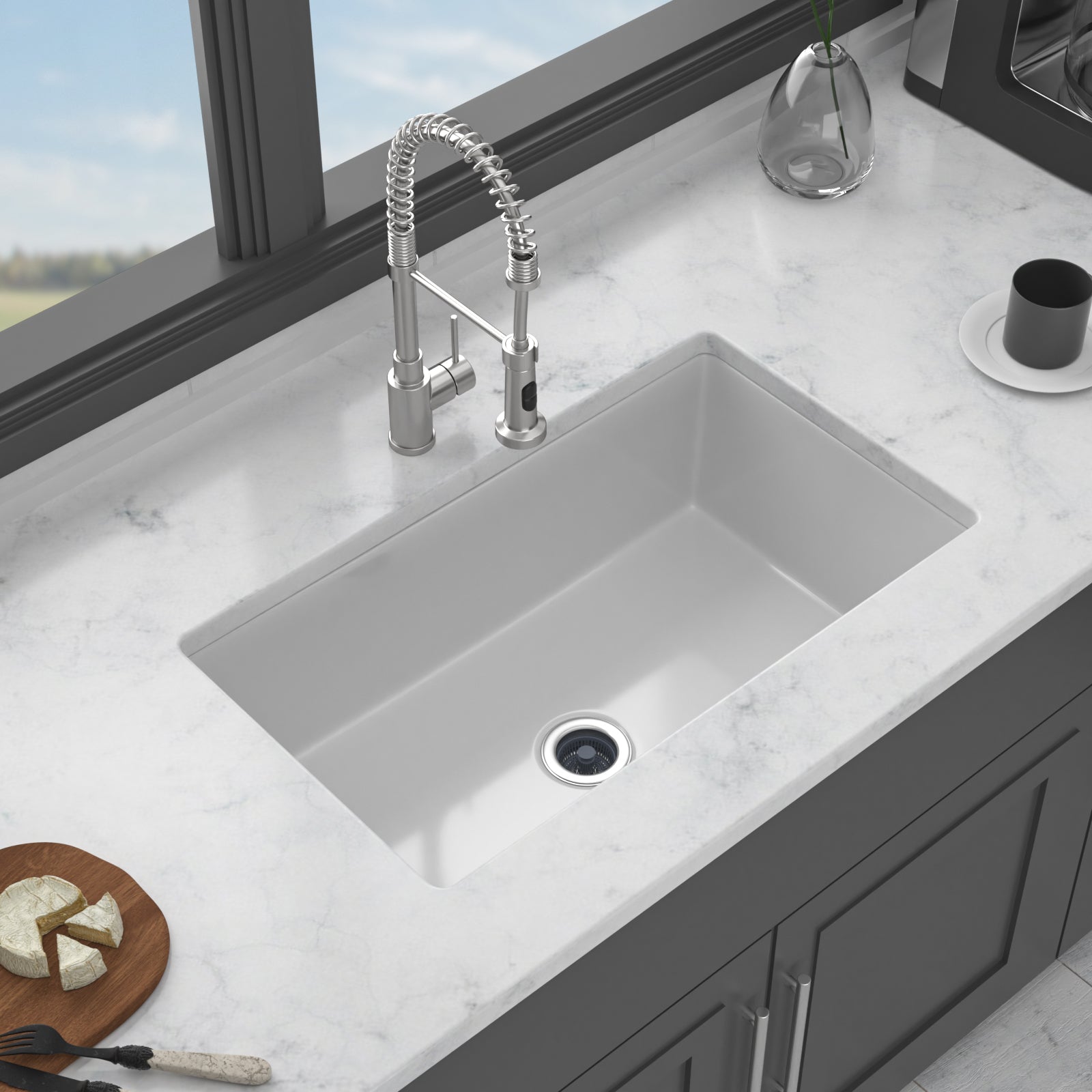 32"x19"x10" Undermount Single Bowl Fireclay Kitchen Sink