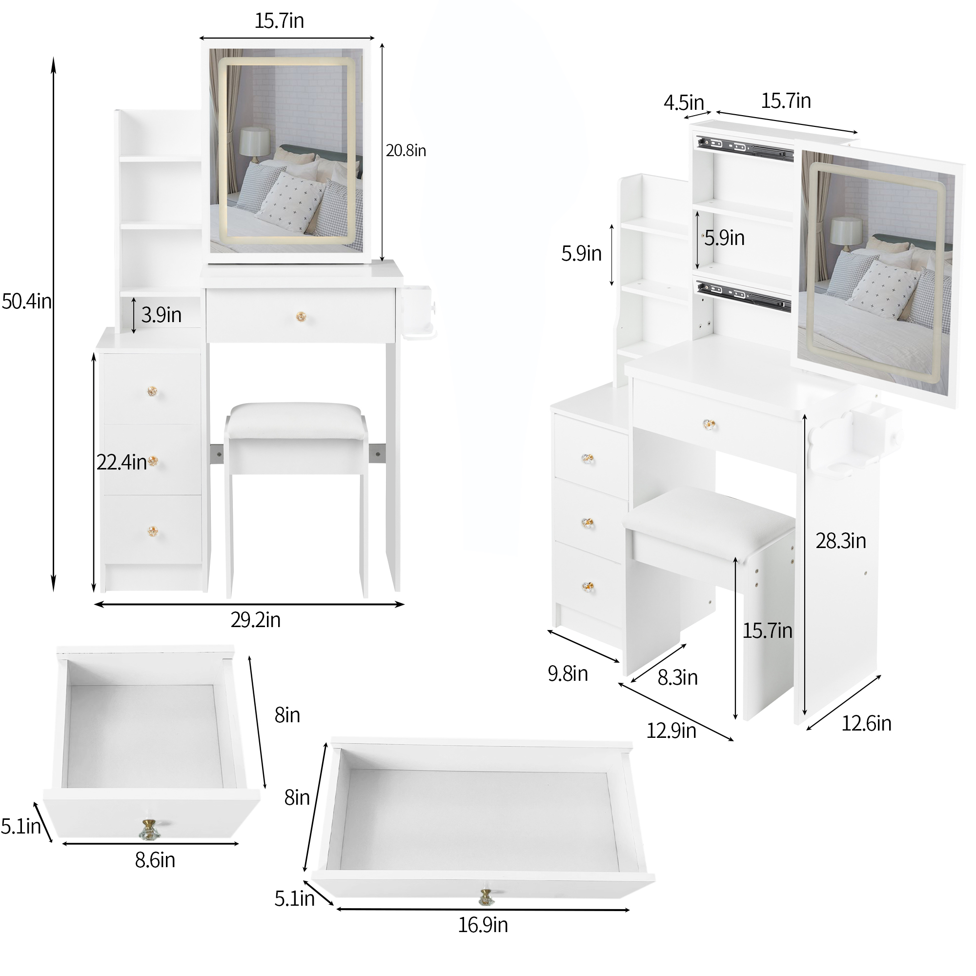 Small Size Left Bedside Cabinet Vanity Table + Cushioned Stool