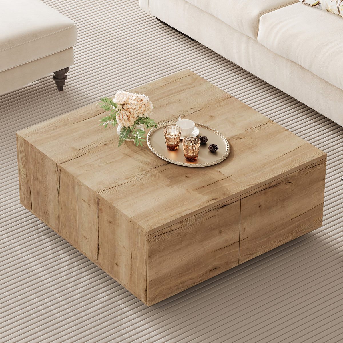 Square Coffee Table with 4 Drawers, 33.25-Inch, Natural
