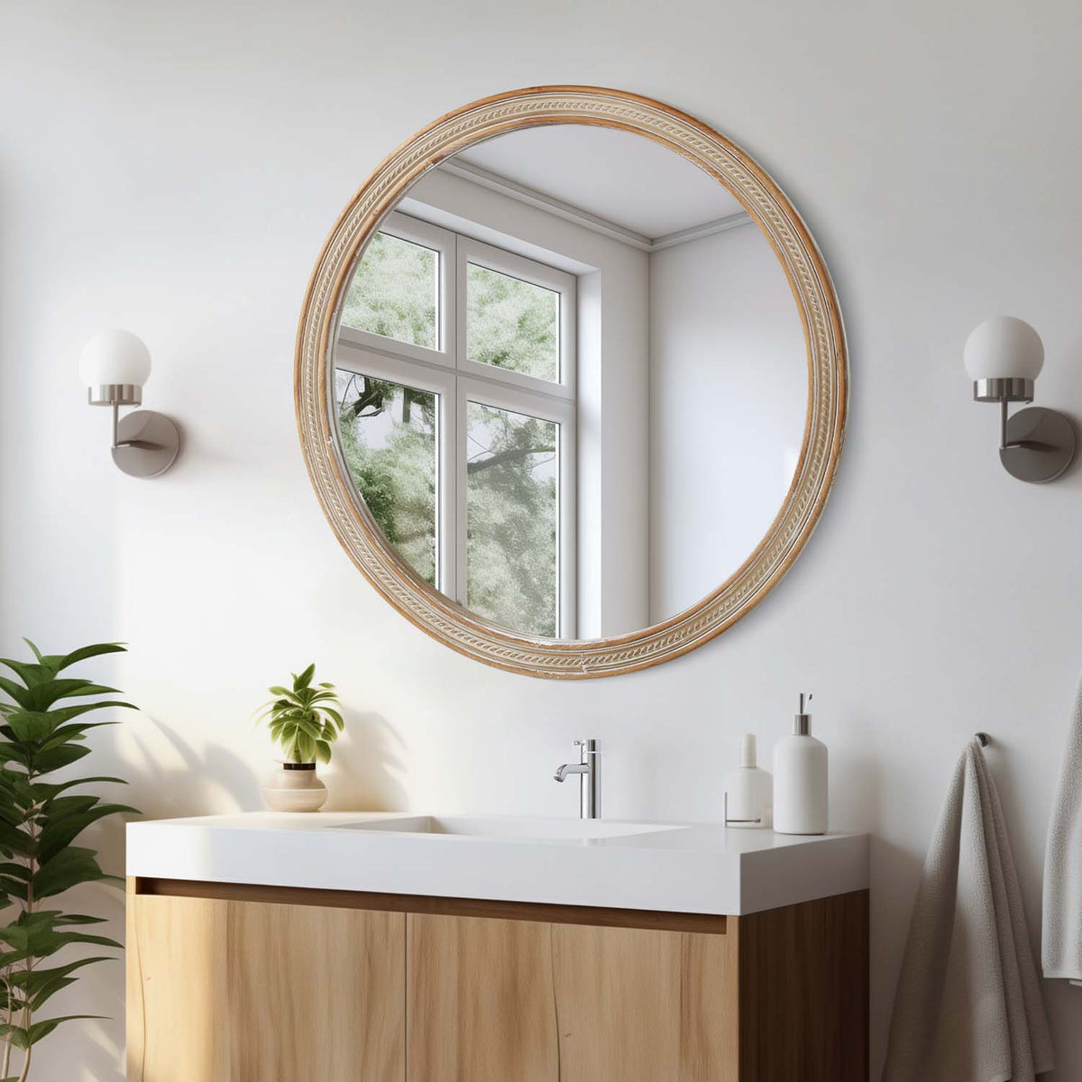 Round Decorative Wall Mirror with Woven Rattan-Textured Frame