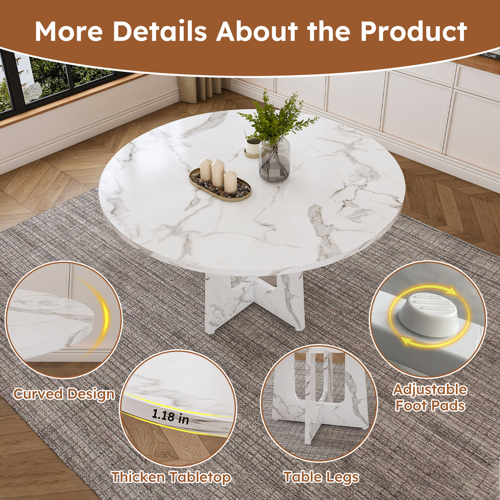 47.24" Round Dining Table for 4 - Farmhouse MDF Table with Marble