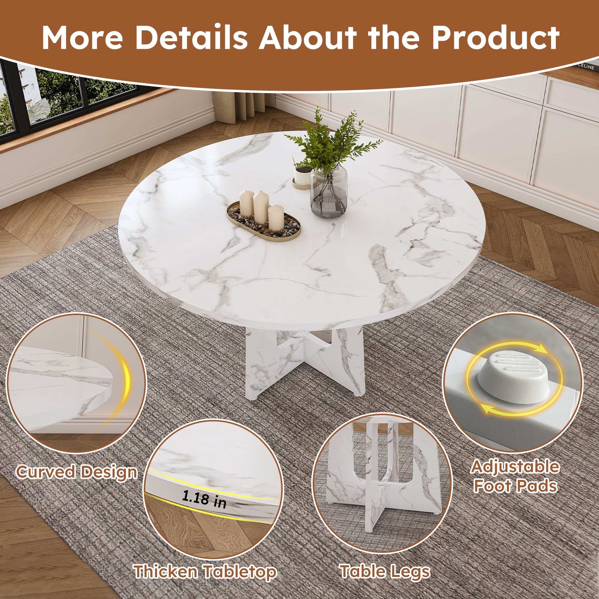 47.24" Round Dining Table for 4 - Farmhouse MDF Table with Marble