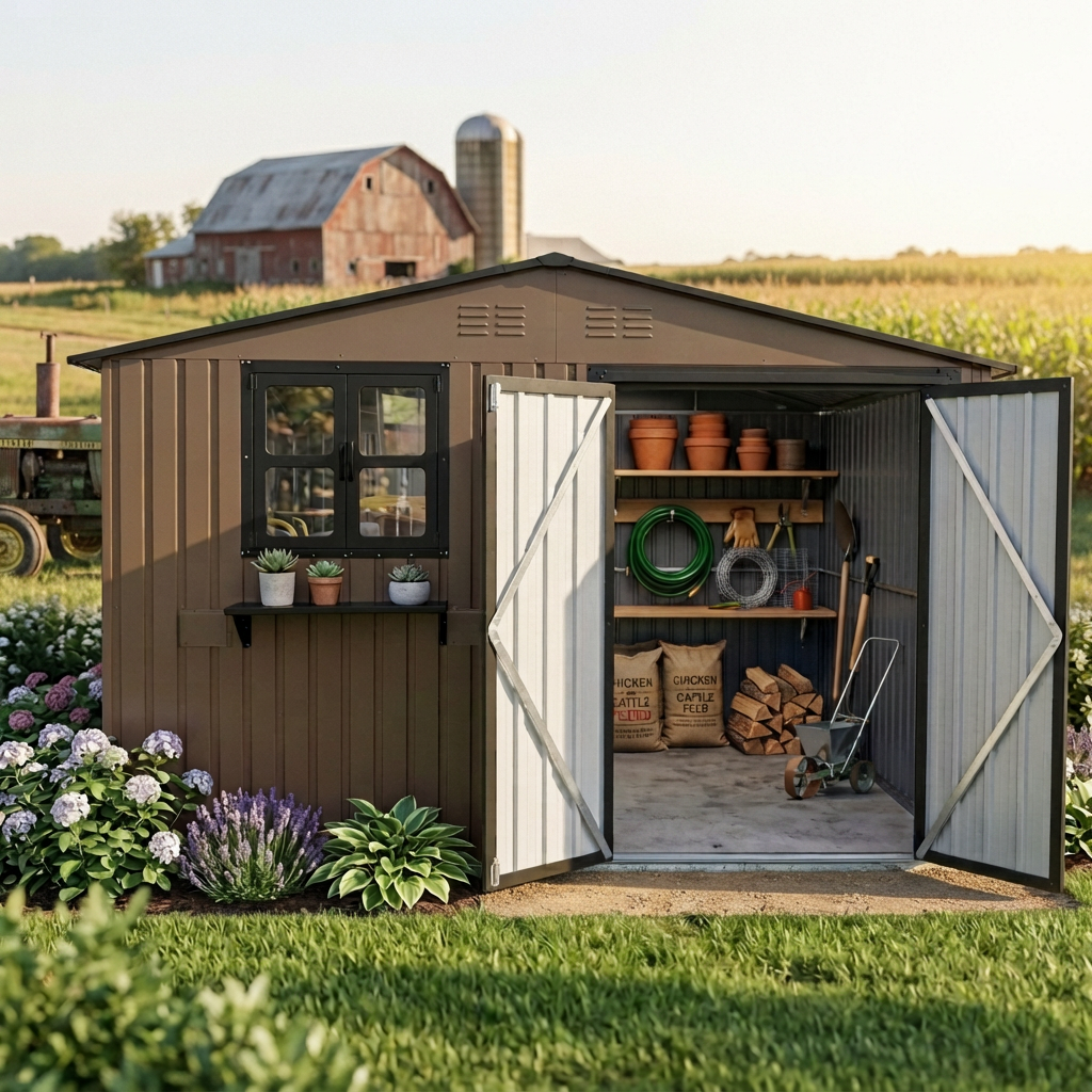 10x8 FT Outdoor Metal Storage Shed with Window & Flower Rack