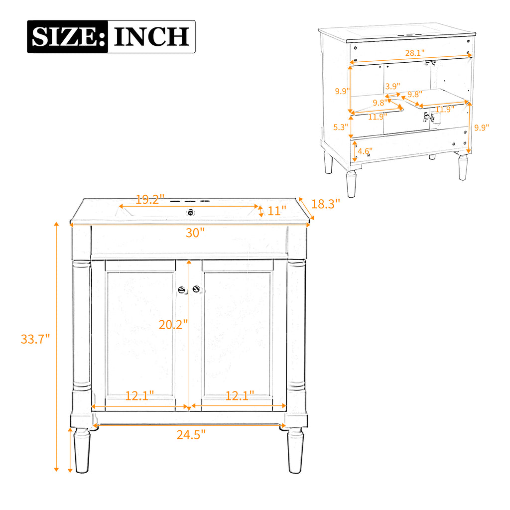 30" Luxurious Bathroom Vanity Cabinet with Ceramic Sink Basin
