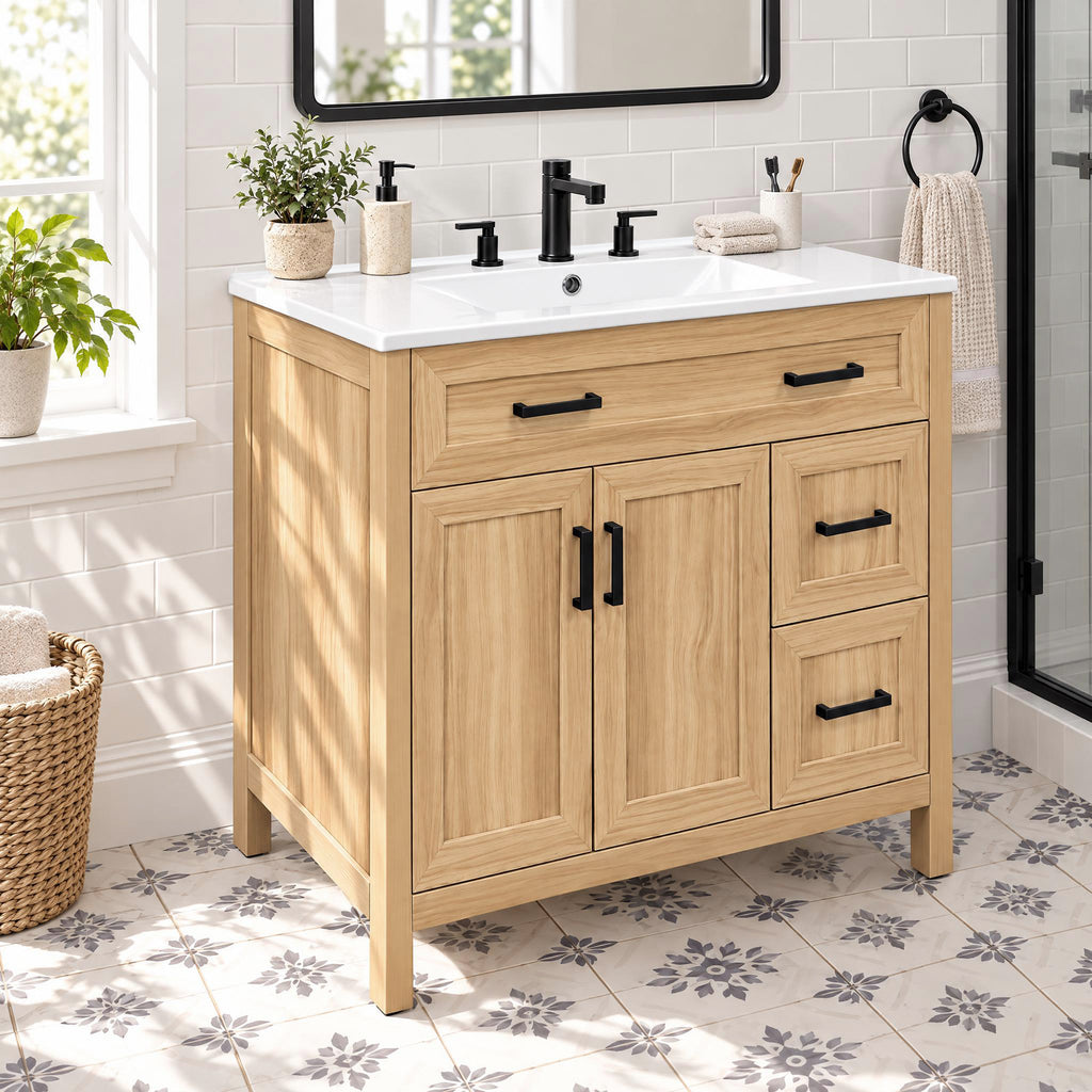 36-Inch Bathroom Vanity with Ceramic Sink, Soft-Close Doors and Drawers, Wood