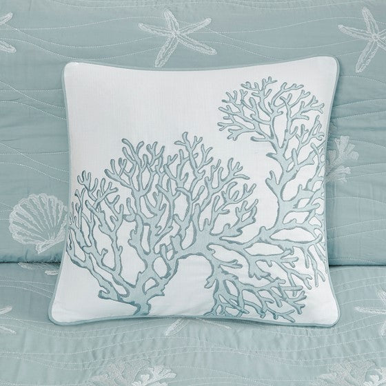 4 Piece Cotton Reversible Embroidered Quilt Set with Throw Pillow - Aqua King/Cal King