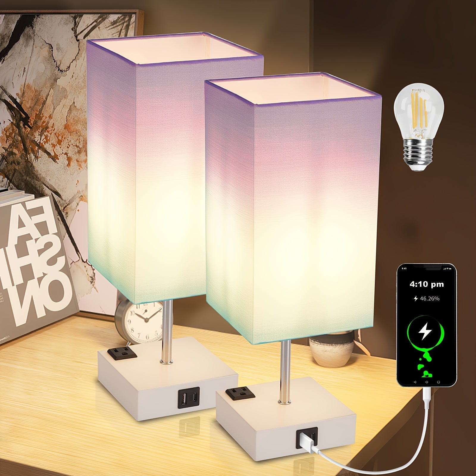 Touch Table Lamp with USB & Outlet – Modern Fabric Shade Bedside Light for Bedroom