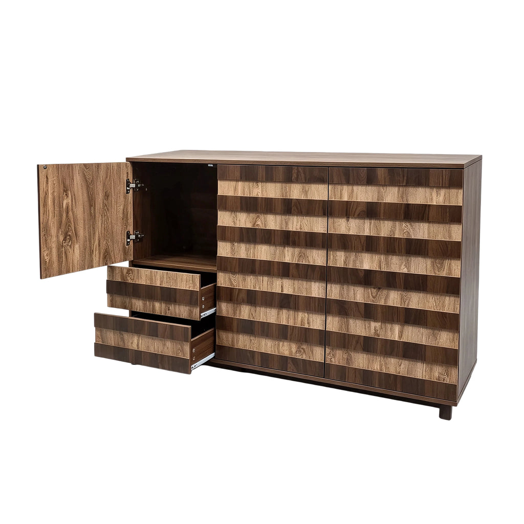 55-Inch Two-Tone Wood Sideboard Buffet Cabinet, Star-Cutout Design, Natural Walnut