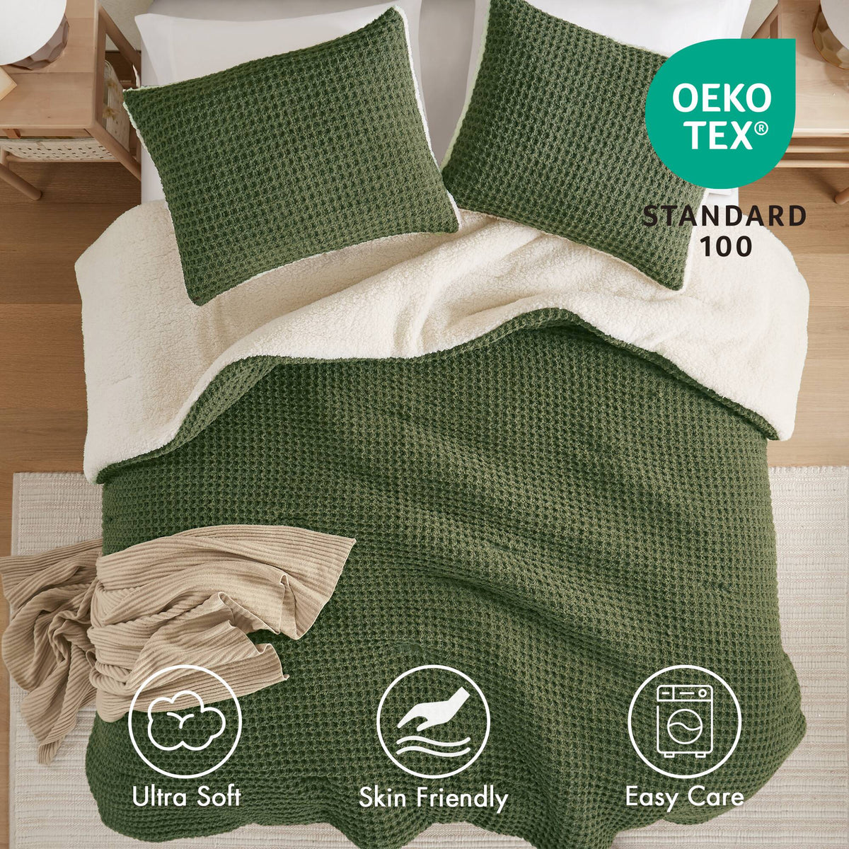 3 Pieces Full/Queen Waffle Knit Chenille Comforter Set - Olive