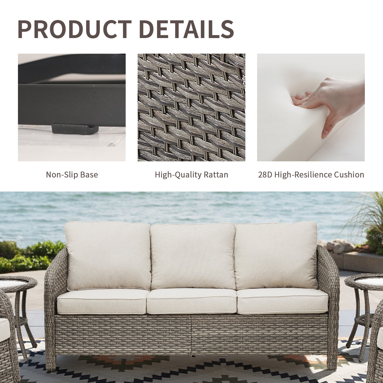 73.6" PE Wicker Rattan Outdoor Furniture Set, 3 Seat Sofa