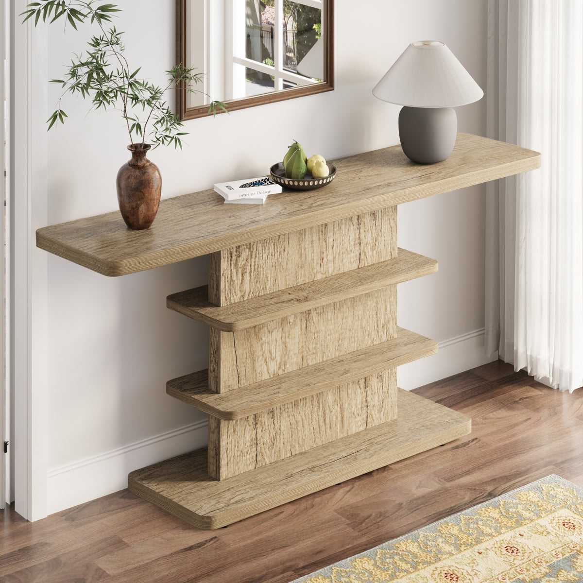 Vintage Narrow Console Table with 2 Tier Open Storage Shelves, 63-Inch, Natural