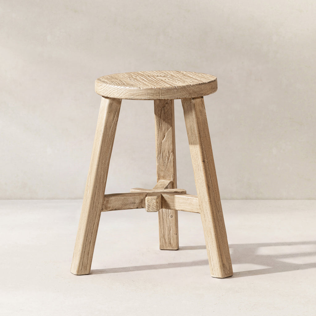 Linden Round Elm Wood Stool, 15.5-Inch, Light Natural Brown