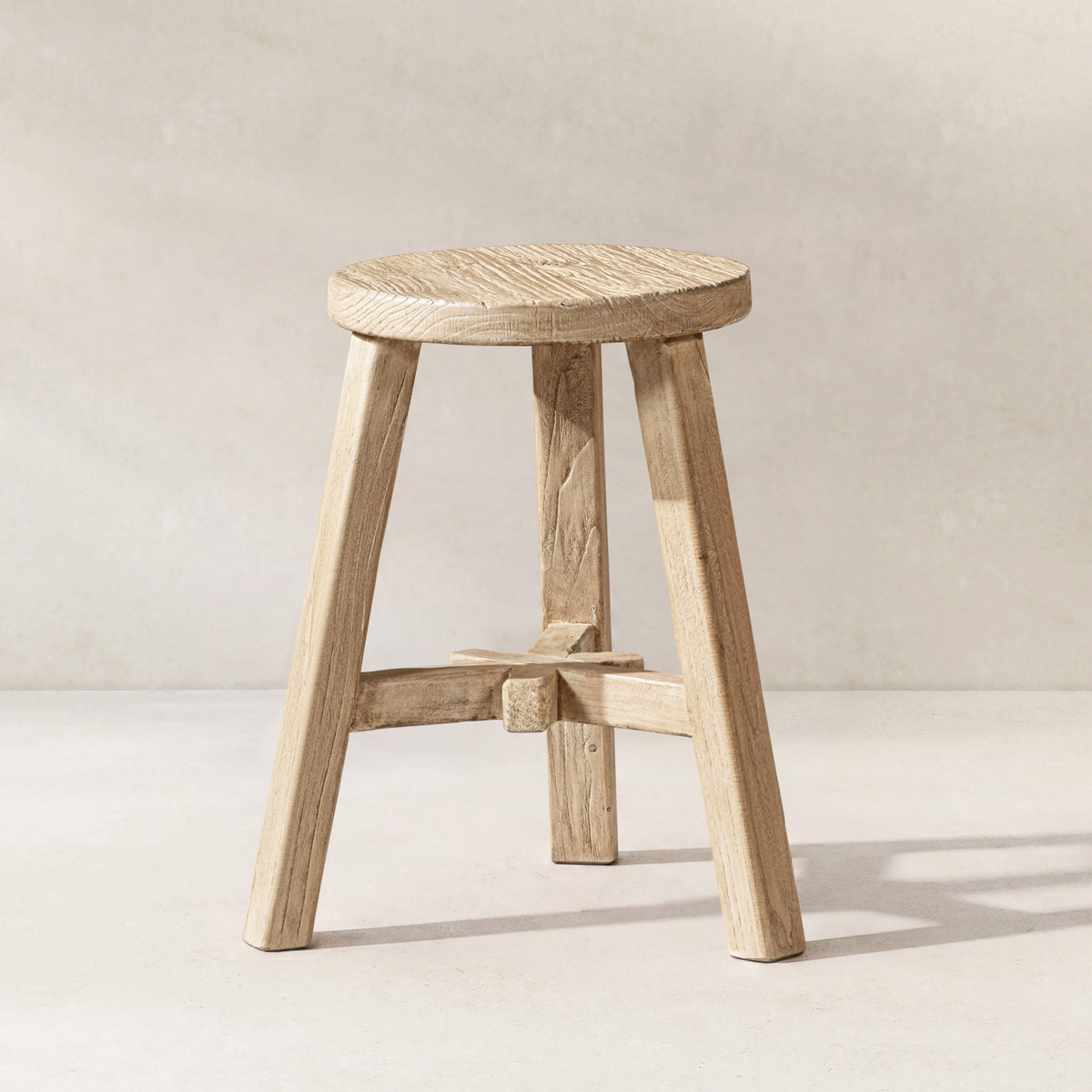 Linden Round Elm Wood Stool, 15.5-Inch, Light Natural Brown