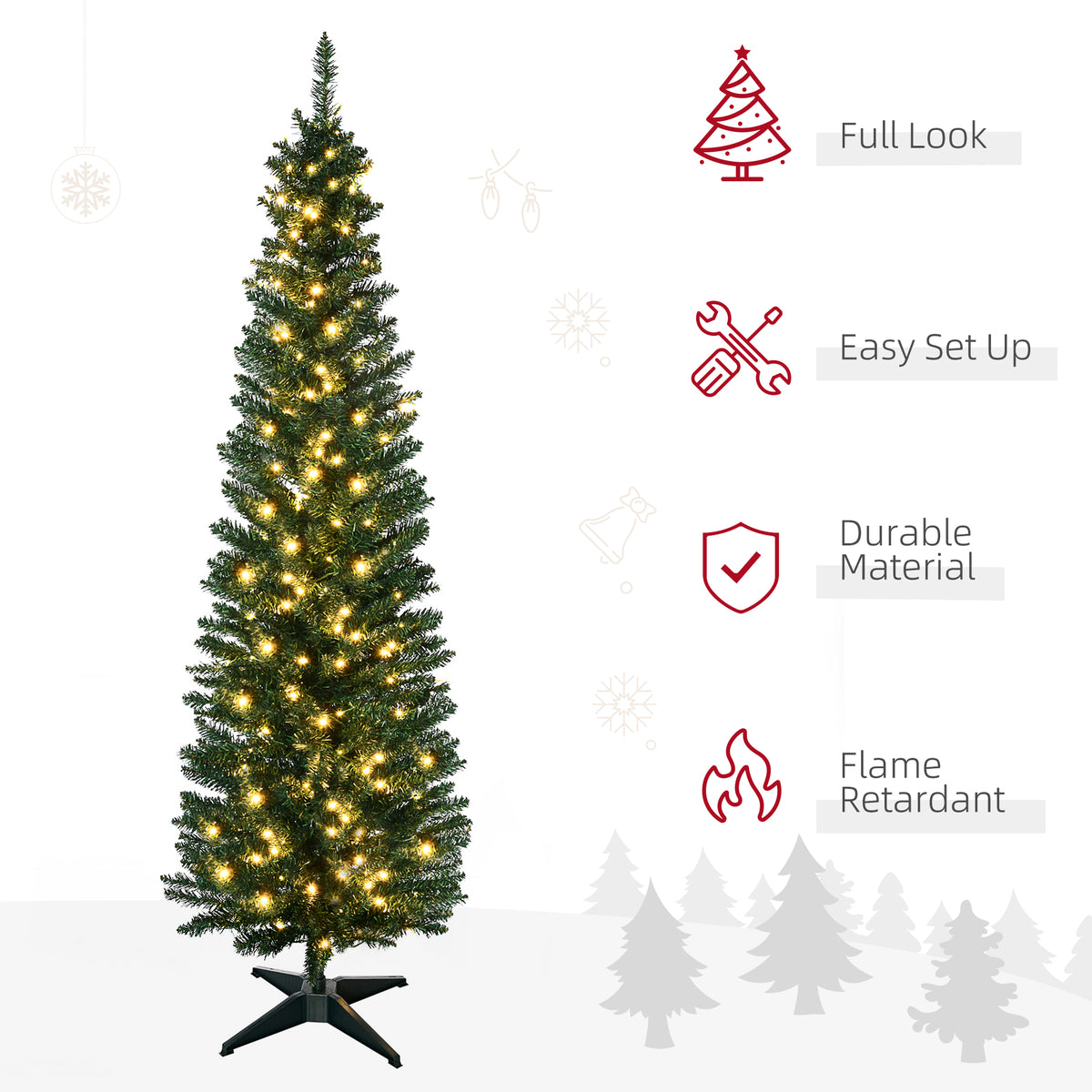 HOMCOM 7-Foot Slim Noble Fir Pre-Lit Artificial Christmas Tree, 200 Warm White Lights
