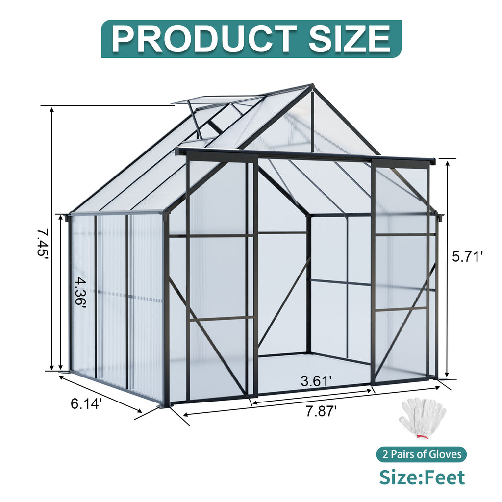 8X6FT Black Double Door Polycarbonate Greenhouse