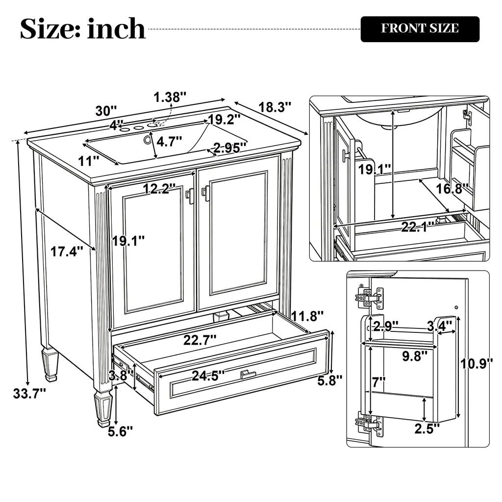 30" Bathroom Vanity with Sink, Freestanding Vanity with Storage