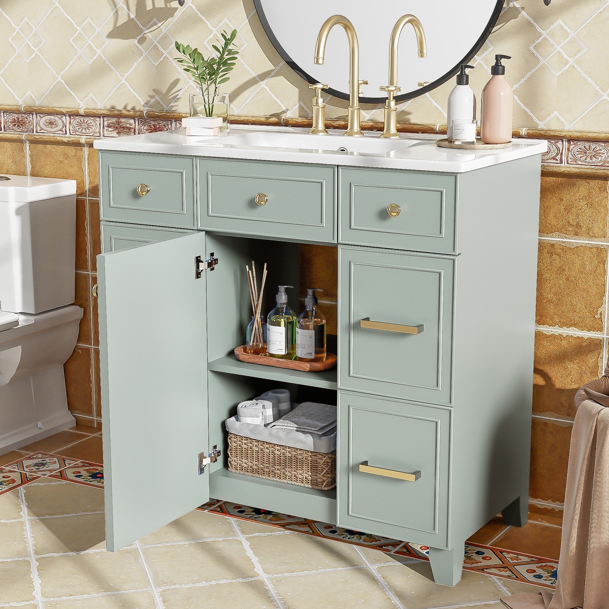 36" Green Bathroom Vanity with Ceramic Sink