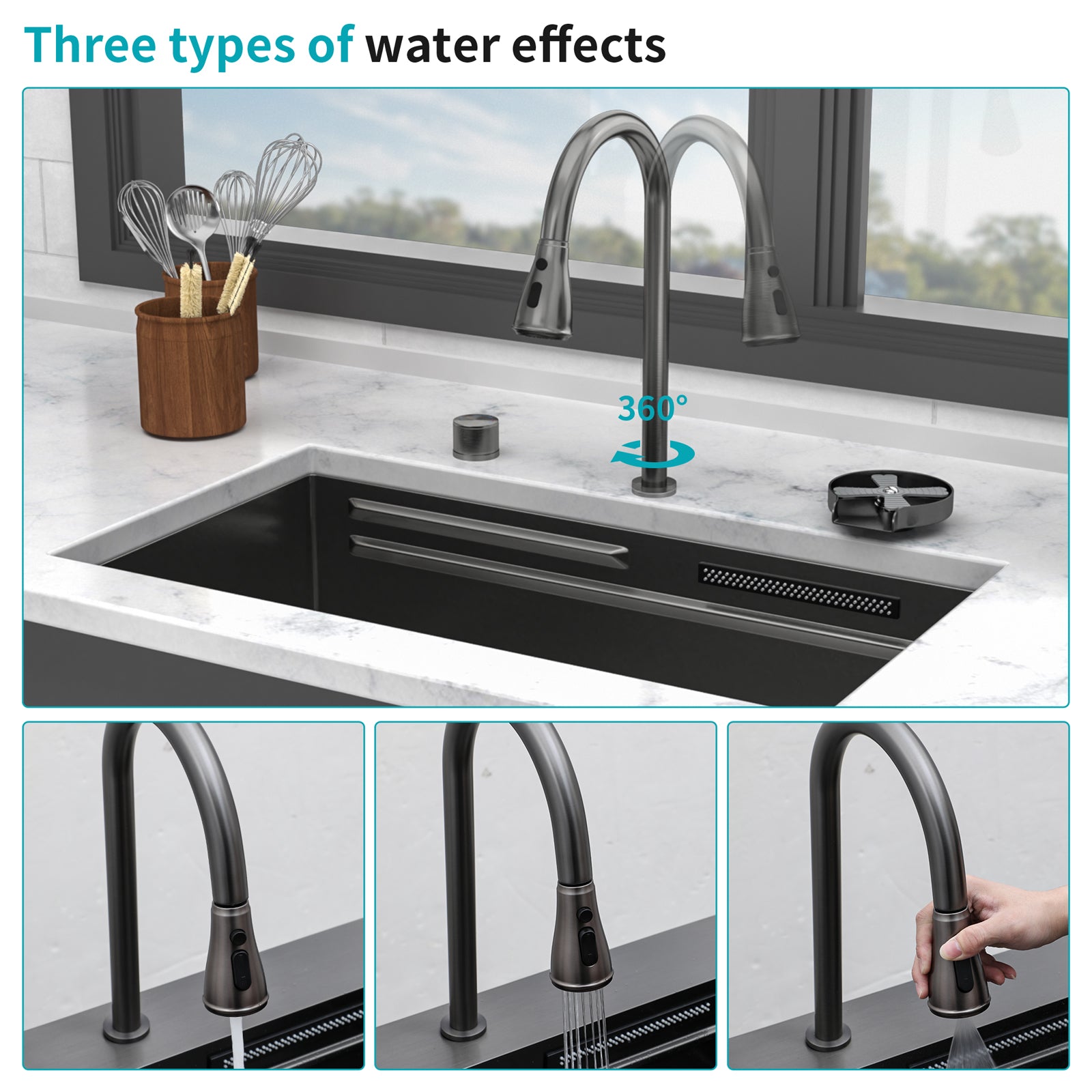 33" Undermount Waterfall Gunmetal Kitchen Sink