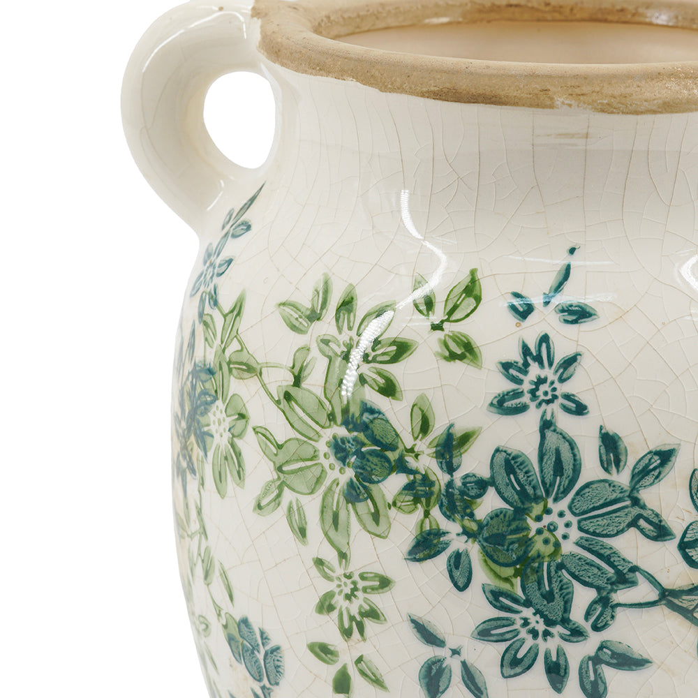 Floral Twin-Handle Ceramic Vase, 7.5 x 6.3 x 7.7 Inches