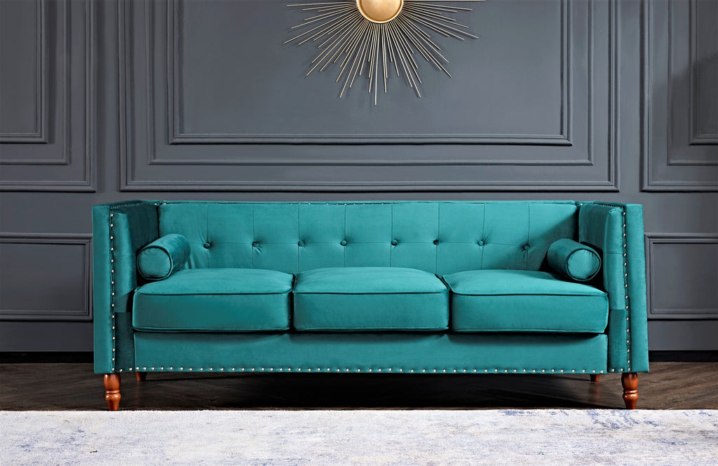 Chesterfield Button Tufted 3-Seater Sofa, Green Velvet with Nailhead Trim