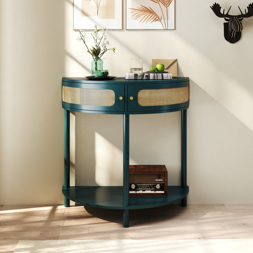 Unique Half Moon Design End Table with Sliding Rattan Door