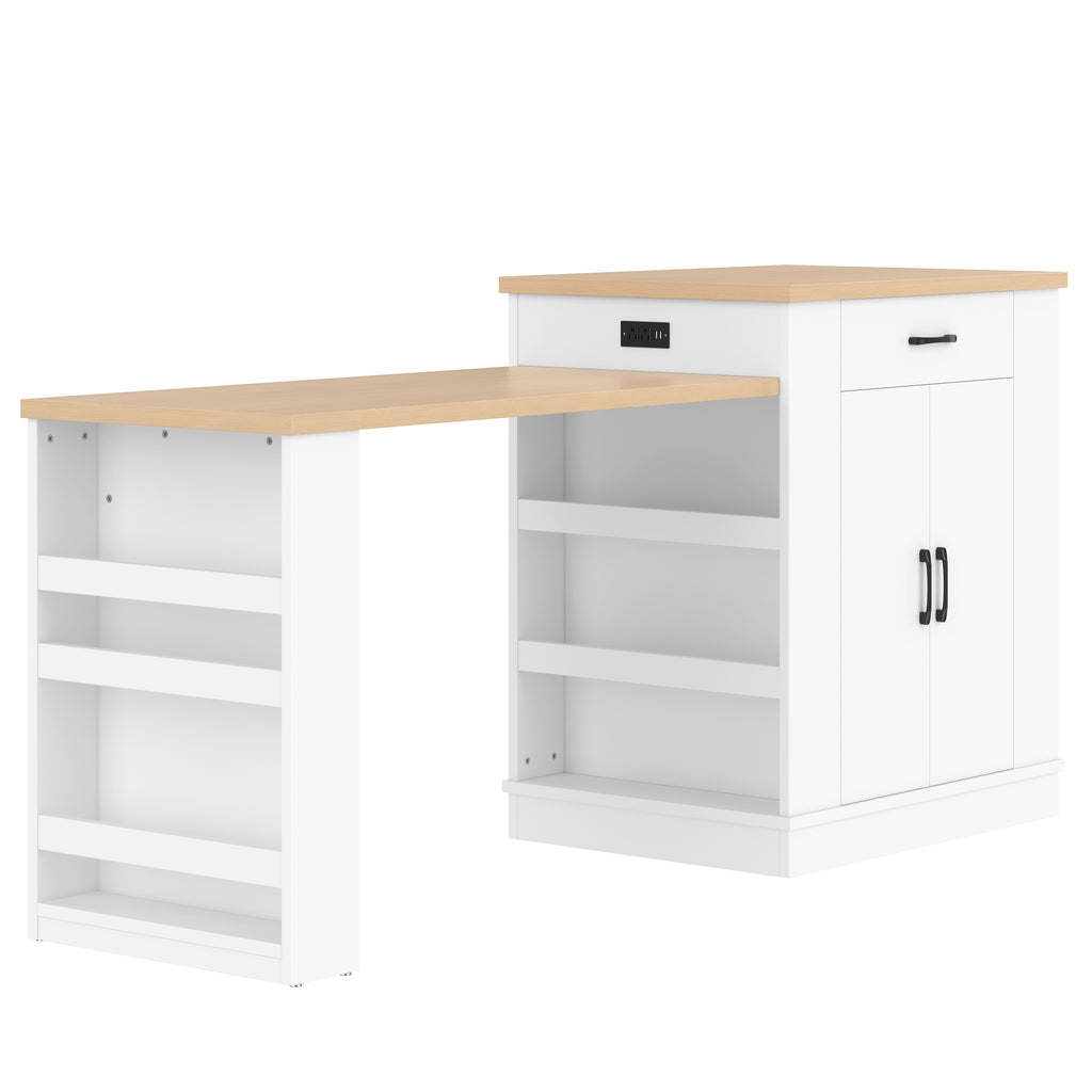 Extendable Island Console with Drawers, Double-Door Cabinet & Open Shelving